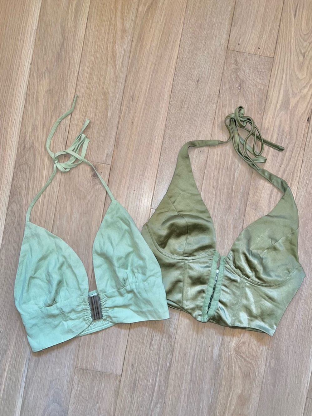 Princess Polly Light Sage Green & Olive Green Satin Halter Crop Top Bundle 4/6